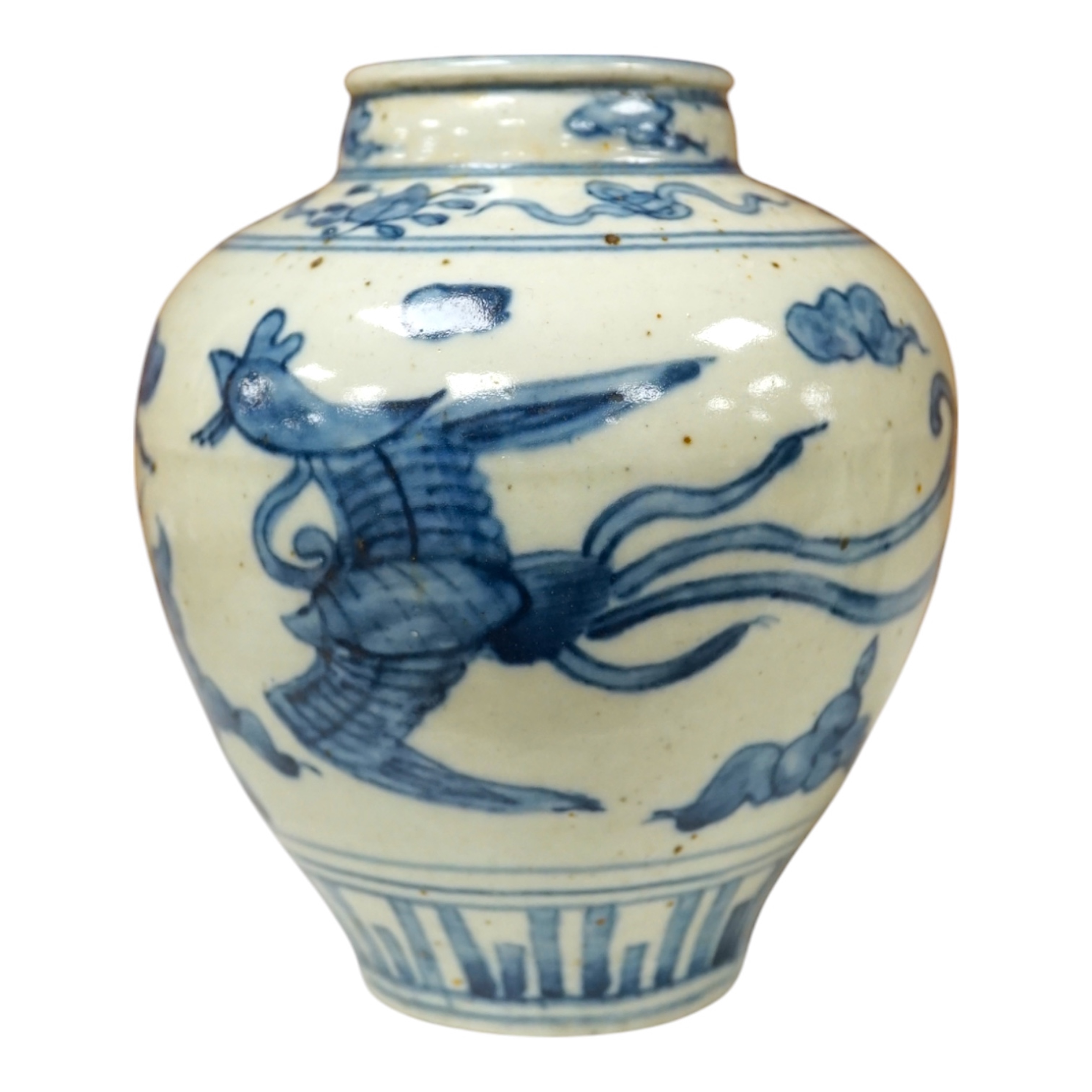 A Chinese late Ming blue and white ‘phoenix’ jar, Wanli period, decorated with phoenixes, 14cm high. Condition - good